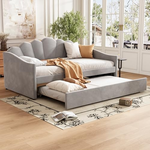 Daybed with Pull Out Trundle Bed, 3ft Single Functional Upholstered Bed Frame with Wooden Slats, Velvet Sofa Bed Guest Beds Youth Beds for Adults&Teenagers&Children, No Mattress, Grey, 90X190 cm