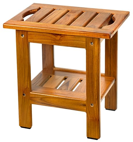 VaeFae Teak Shower Bench Small – Wooden Bathtub Stool for Shaving Legs, Indoor Shower Seat with Non-Slip Feet, Space-Saving Bathroom Stool, Easy to Clean, 13.78 D x 10.04 W x 14.76 H
