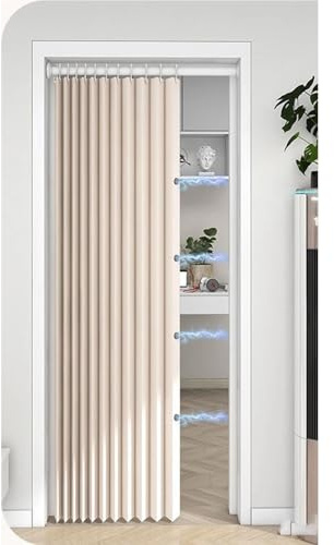 Xiyocadt Falttür Ohne Bohren, Faltbarer Akordion-Stil Vorhang mit Ausziehstangen, Blickdichter Türvorhang, Fertiggestellte Vorhänge Kein Weiteres Zubehör Benötigt (beige,Türbereite55-75CM B100*180CM)