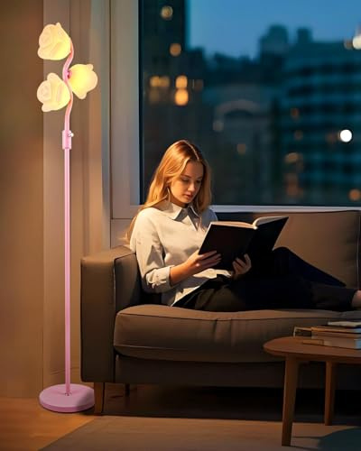 Lampada da terra rosa dimmerabile con 3 lampadine a globo, graziosa lampada da terra a forma di fiore con dimmer continuo, lampada alta decorativa moderna di metà secolo per soggiorno, camera da let