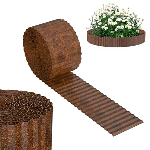 ACXIN Bordo per prato alto 15 cm, in metallo zincato, facile da montare, limitatore ondulato per aiuole e giardino, lunghezza regolabile, blocco radici flessibile e bordo tagliente, 10 m – ruggine