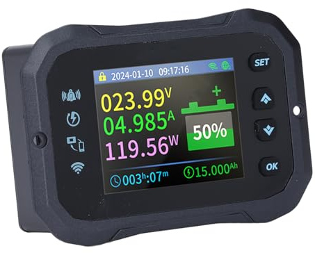 Luocute Monitor Batteria, Display HD da 2,4 Pollici WiFi Bluetooth Tester Batteria Remoto per, Auto, Barca, Scooter, con Cicalino, Allarme, Monitoraggio della Temperatura, capacità,