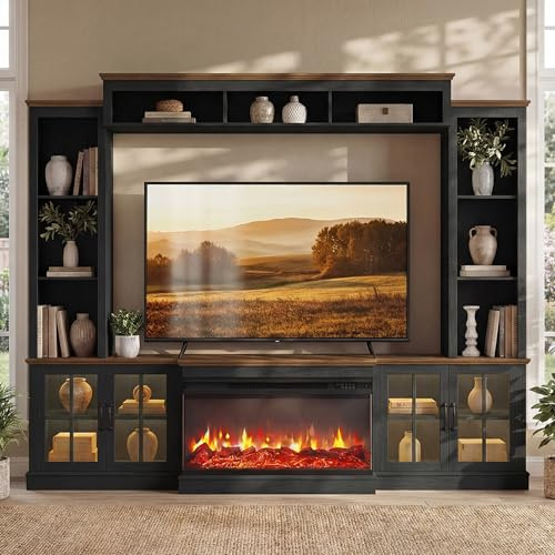 Nordivale 98” Farmhouse Entertainment Center with 36 Fireplace, TV Stand, Bookshelf, Wine Cabinet, Fits TVs up to 75, Wall Unit Media Console with Power Outlets and Barn Doors for Living Room, Black