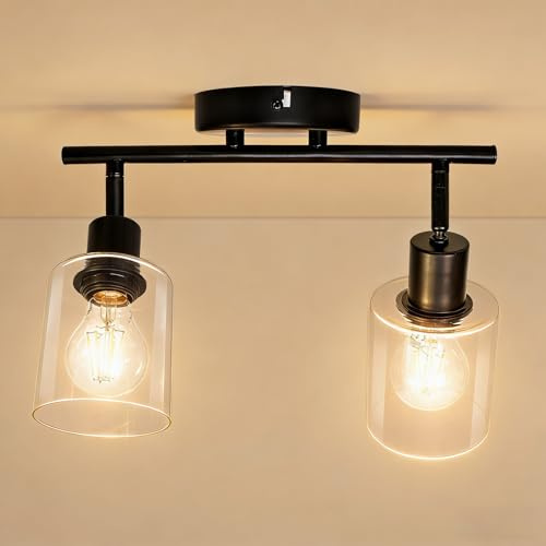 Wondlumi Deckenstrahler LED 2 Flammig E27 Schwarz Glas Metall Schwenkbar | Deckenlampe Strahler Industriell Schwenkbar 350° Deckenleuchte Spot 230V für Flur, Dachgeschoss Wohnung ohne Leuchtmittel
