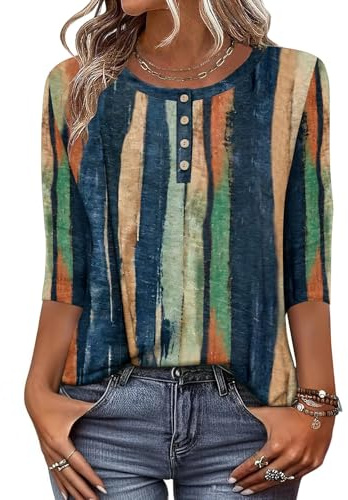 Zeagoo Camiseta de Manga 3/4 para Mujer Cuello Redondo Parte Superior Ligera Básica Informal de Verano Holgada Blusa Floral Leopardo S-XXL