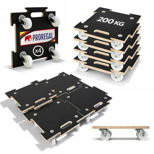 PROREGAL Profi Transportroller Hercules modular 39x39 cm Schwerlast bis 200 kg mit 4 Gummirollen & Griff, Puzzle Siebdruckplatte, 4er Set Rollbrett Möbelroller erweiterbar Transporthilfe verstellbar