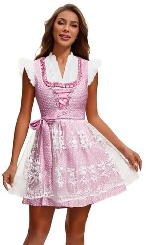 Foweknow Vestido tradicional tirolés midi para mujer, traje tradicional típico Oktoberfest, vestido tirolés para Oktoberfest bávaro, con delantal de encaje, ajuste cómodo, vestido tirolés, 02 Rosa, XL