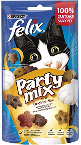 FELIX Party Mix Snack per Gatti Adulti - Croccantini con Pollo, Fegato e Tacchino, 8 Confezioni da 60 g, Forme Divertenti e Aromi Sfiziosi