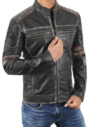 Fashion_First Cafe Racer - Giacca da motociclista vintage da uomo, in vera pelle, effetto invecchiato, colore: nero, Retro 1 Nero, M