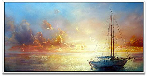 Malerei mit Segelboot ca. 130x70cm Wandbild inklusive Schattenfugenrahmen weiss - Panorama Leinwand Bild XXL Format Wandbilder Wohnzimmer Wohnung Deko Kunstdrucke