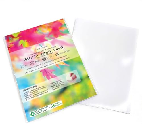 Evergreen Goods Papier autocollant en vinyle blanc brillant A4 50 feuilles - Imprimantes à jet d'encre et laser étanches | Machines de découpe | Parfait pour les étiquettes et les projets d'artisanat