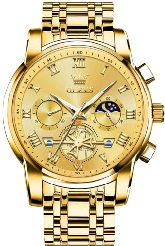 OLEVS Watch Men Gold Watch for Men Luxury Big Face Mens Watches Fashion Quartz Gold Chronograph Stainless Steel Waterproof Dress Mens Metal Watches Relojes para Hombres