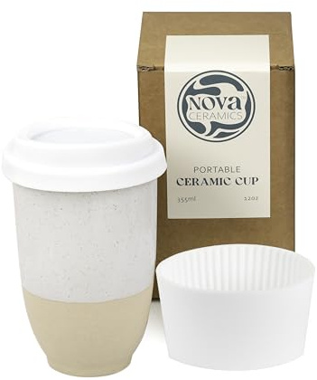 NOVA CERAMICS Travel Mugs - Reusable Coffee Cup – Cute Coffee Mugs Travel Coffee Tumbler – Microwave & Dishwasher Safe to Go Coffee Mug- Gifts for Women Men Him Her – 355ml - Dune