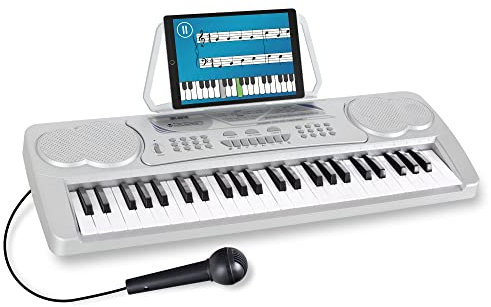 McGrey BK-4910SR Keyboard - Kinder Keyboard mit 49 Tasten - Einsteigerkeyboard mit 16 Sounds und 10 Rhythmen - Piano mit Lernfunktion, Mikrofon für Gesang und Notenständer - Silber