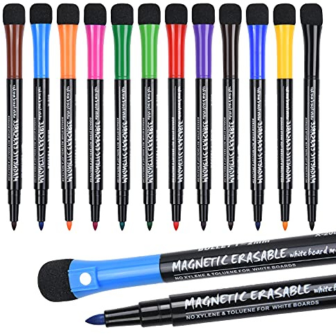 Vicloon Whiteboard penna med 12 färger, avtorkbara pennor, torr rase-märkpenna med svampmagneter, svamp whiteboard pennor, torra avtorkbara pennor med suddgummi för fönster/glas/tavla