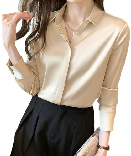 Blusa Satinada de Mujer Moda de Manga Larga de Manga Satinada de Seda de satén Oficina Top Camisa Casual,Champagne,L