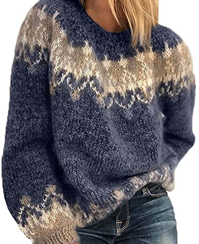 BeerMmay Damen Herbst Winter Rundhals Casual Lose Mohair Grobstrick Jacquard Damen Pullover, blau, XL