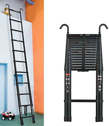 6,2m Ausziehbare Teleskopleiter mit 2 Haken, Robust Aluminium Loftleiter, Mehrzweckleiter Anlegeleiter mit 15 Sprossen, 150KG Tragkraft, EN131, Schwarz