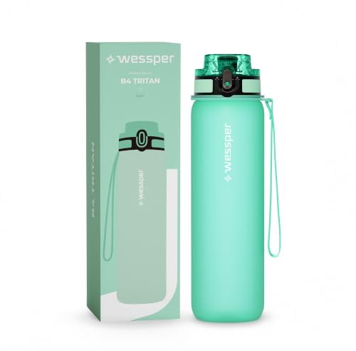 Wessper Tritan Trinkflasche 1L Minze Wasserflasche Mit Zeitmarkierung BPA-frei | Auslaufsichere Sportflasche Für Fahrrad Schule Kinder Wandern Sport | Water Bottle Fitness Flasche Spülmaschinenfest