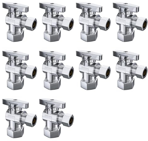 PURAGEIR 10 Pack Angle Stop Valve,1/2 Nominal Comp (5/8OD Comp,Fits 1/2 Copper Pipe) X 3/8'' OD Compression Quater Turn Elbow Valve, 5/8 Inches OD X 3/8 Inches OD Shut Off Valve,Chrome