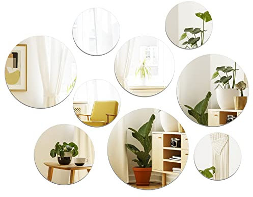 Larber Selbstklebende Spiegelfliesen, Spiegel-Wandaufkleber, 2-mm-dicke Acryl-Spiegel, abnehmbare Kunstkreise, Bastelspiegel für Heimdekoration, 6-, 10-, 15- und 20-cm-Größe, 9 Stück