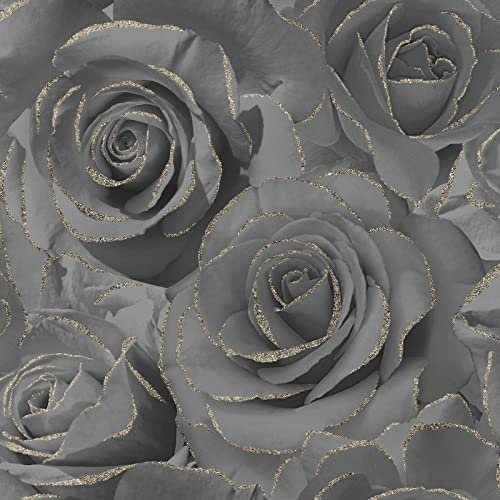 SOPHIE LAURENCE Floral Bloom Glitter Detail Roses Wallpaper (Full Roll, Black)