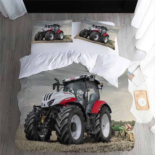 Bettwäsche 155x220 Traktor Bettbezug 155x220 & 2 Kissenbezügen 80x80, Feldmaschine Landwirtschaft Feld Stroh Kinder Bettbezug Set Mikrofaser Bequem Bettdecke Cover mit Reißverschluss für Allergiker