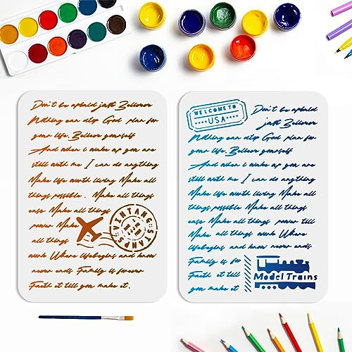 MAYJOYDIY 2 Stück Schreib Schablone 21 × 29.7cm Vintage Postkarten Stempel Muster Schrift Malvorlage Wiederverwendbare Vorlage Mit Pinsel Zum Bemalen von Wänden Möbeln Holz Stoff Papier