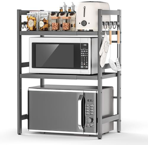Glovios Erweiterbares Mikrowellen Regal Stehend Mikrowellenregal für Küche Organizer Mikrowellenständer Küchenregal Arbeitsplatte Bäckerregal Mikrowellenhalter mit 6 Haken (Schwarz 3-stufiges)
