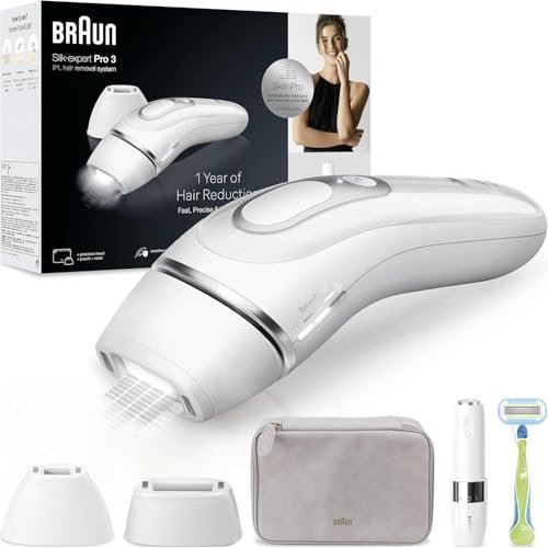 Braun Luz Pulsada Silk-expert Pro 3, Alternativa a Depiladora Laser, Eliminación Del Vello En Casa, Depiladora IPL Con Funda, Maquinilla Venus, 2 Cabezales Para Cara y Cuerpo, Blanca/Plateada, PL3136