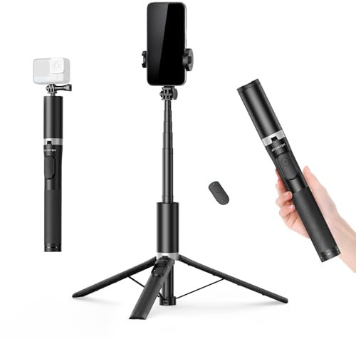 ATUMTEK 63 Phone Tripod, Selfie Stick Tripod with Bluetooth Remote for iPhone, Android Smartphones and Action Cameras, Aluminum Phone Tripod Stand with 2 Cold Shoe Mounts for Light and Mic, Black