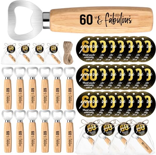 Maxcheck 50 Sets 60th Birthday Party Favors for Guests Bottle Opener Wooden Beer Opener with Thank You Cards Organza Bags 1 Twine 60 Fabulous Party Favors for 60th Anniversary Souvenirs Supplies