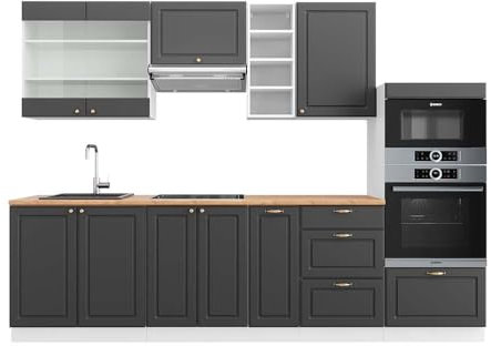 Vicco Küchenzeile Fame-Line, Küchenblock, Anthrazit-Gold/Weiß, 280 cm, AP Eiche