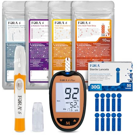 FORA 6 Plus | All-in-One Gesundheits Messgerät für die Familie | Blutzucker, Keton, Cholesterin, Harnsäure, Hämoglobin, Hämatokrit Test | Familienpflege