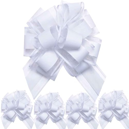We Moment Zone Lot de 5 Nœuds à Tirer en Ruban, Grands Nœuds Rubans pour Cadeaux Paniers Arrangements Voitures de Mariage Anniversaire Décorations de Fête - Blanc