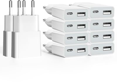 SCHITEC 10Pack Cargador USB de 5W 5V/1A 2 Puertos USB C + USB A Adaptador de Enchufe para iPhone, Lector de Libros Electrónicos, Xperia, MP3, Smartphone Galaxy S8,Huawei