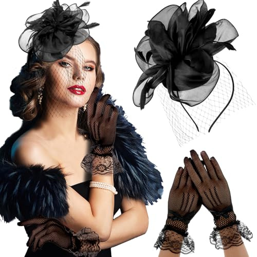 Sibba Tee Party Zubehör Braut Tee Hut Und Handschuhe Set Fascinators Hut Kopfbedeckung Stirnband Mit Spitzenhandschuhen Für Frauen Mädchen Hochzeit Halloween Party