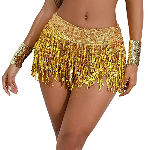 ABEHIK Damen Pailletten Shorts Hohe Taile Musikfestival Shorts Sommer Kurze Glitzer Hot Pants Partyshorts mit Fransen