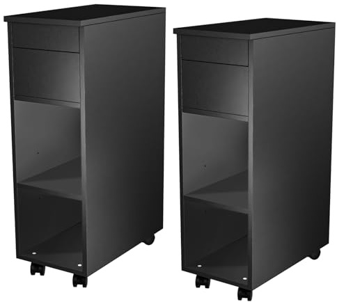 EXSELTMAN Nachtschrank 2er Set, Nachtschrank schmal mit Rollen, offenen Ablagen und Schiebeschublade, nachtschrank schwarz, Sofatisch Beistelltisch, 45x25x70cm