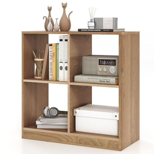 HOMASIS Bücherregal mit 4 Würfeln, Würfelregal aus Holz, Standregal 4 Fächer, Raumteiler Regal, offene Büroregal Bücherschrank, Aufbewahrungsregal für Wohnzimmer, Schlafzimmer, 73x33x75cm (Natur)