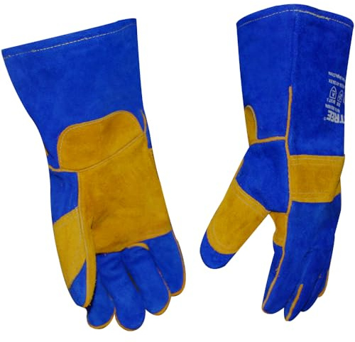 SAFETREE Schweißhandschuhe Leder - 35cm Lange Hitzebeständige Handschuhe aus Rindsspaltleder - Blau Arbeitshandschuhe für Schweißen, Grillen, Kamin & Backofen - Universalgröße