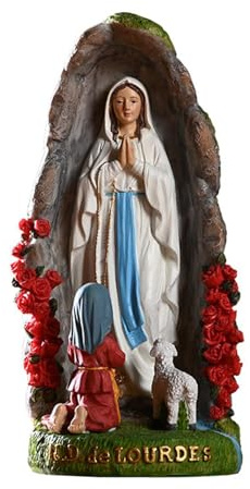 Xinhuju Escultura de Resina de la Virgen María – Estatua católica de la Madre bendita, Estatua de Nuestra Señora de con Santa Bernadette y Cordero | Figura Religiosa, Adorno de Escritorio para