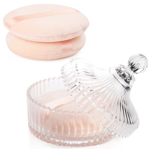 2 st extra stor kroppspulver puff och lyxig 15 cm glasburk damming pulverbehållare med puff för kvinnor badpulverpuffar perfekt för talk eller löst pulver (beige)