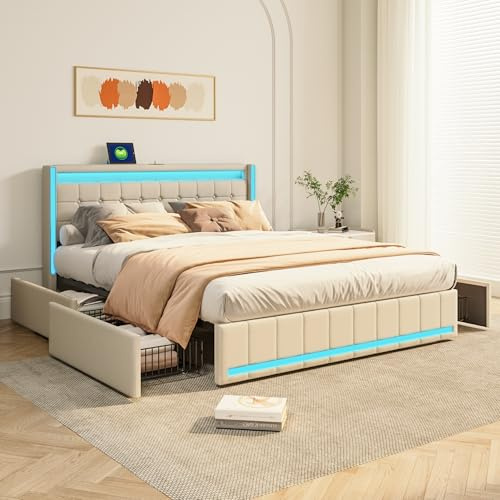 Callicarpa - Cama tapizada 140x200 cm con LED y USB, cama de matrimonio con 4 cajones, cama boxspring con espacio de almacenamiento y somier, cama juvenil con respaldo, estructura de cama, sin colchón