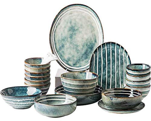 SGKOMN Set da tavola in Ceramica da 30 Pezzi, Dipinto a Mano, con Motivo a Strisce, in Stile retrò, smaltato in Forno, Set Combinato