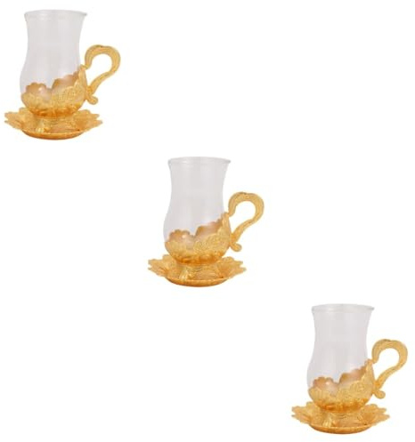 BESTYASH 3sets European Style Tea Cup Set Zinc Alloy Glass Cup and Saucer Set for Offices Homes