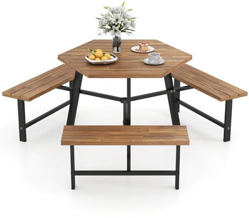 GOPLUS Salon de Jardin Exterieur 2 Personnes en Bois Acacia pour avec Pieds Réglables, Table de Pique-Nique & Banc à Cadre en Métal pour Terrasse & Jardin, Charge 80+360KG (Naturel,6 Personnes)