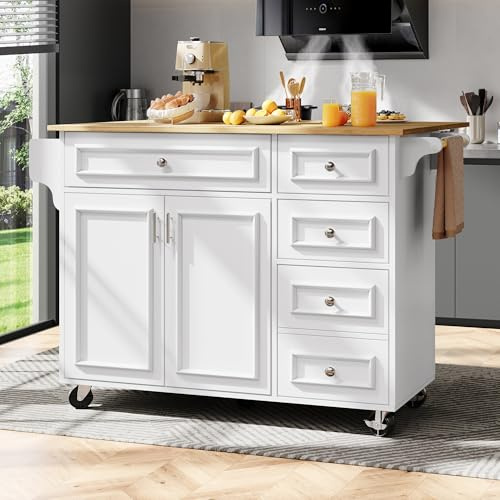 Wyibwy Carro de cocina 110 × 45 – 75 × 92 cm, isla de cocina sobre ruedas con 4 cajones y 2 puertas, carrito de comedor extraíble con encimera plegable, mesa de comedor con diseño vintage, blanco