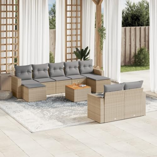 QJBSAVVA 10-TLG. Garten-Sofagarnitur Beige PE-Rattan mit Akazienholztisch 110 kg Belastbar Modernes Lounge-Set für Garten Terrasse Balkon