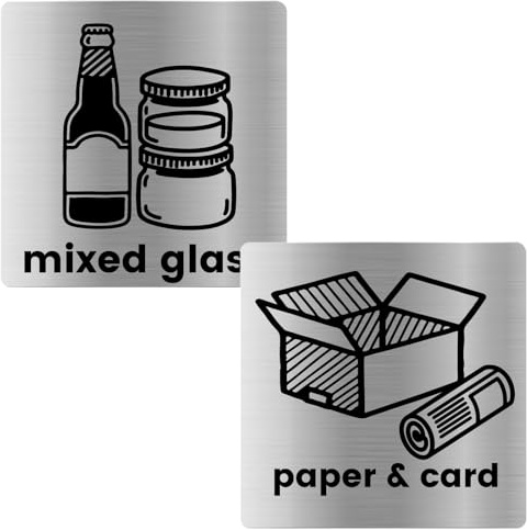 PRESSINART 2Stk 2Stile Glas Recycling Aufkleber Recycling Schilder Plastik Papier und Karton Gemischtes Glas Muster Quadrat Selbstklebend Wasserdicht Aufkleber 6,5Zoll Für Außen Innen Geschäft Büro
